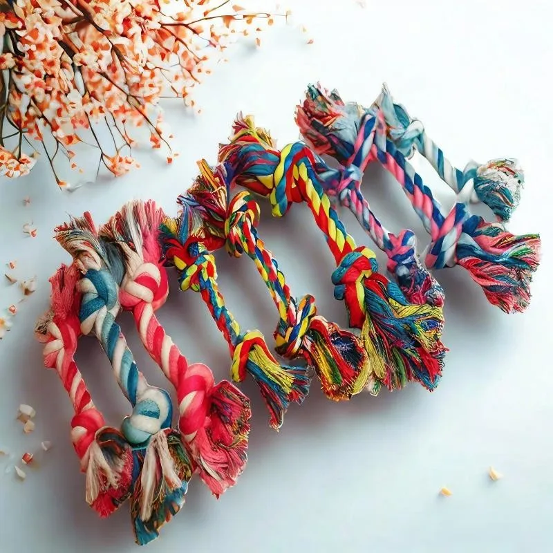 Random Color Pet Dog Toy Bite Rope Double Knot Cotton Rope Funny Cat Toy Bite Resistant and Sharp Teeth Pet Supplies Puppy Toys