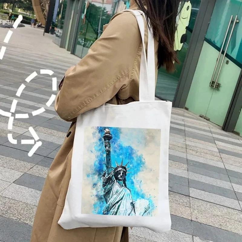 New York Paris London Pizza Shoulder Bag Rome Athens Painting Watercolor Women\'s Canvas Handbag Tote Environmental Shopping Bag