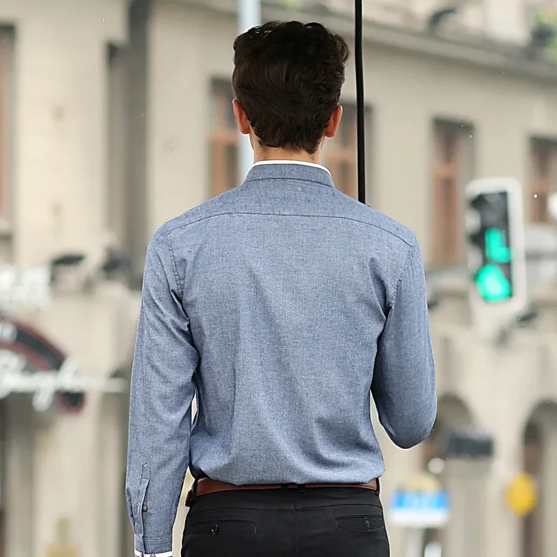 LIBIELIY Men's Standing Collar Long Sleeved Shirt Solid Oxford Spun Slim Fitting Korean Version Business Casual Men's Top Shirt