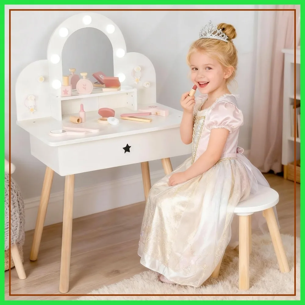 

Kids Vanity Set with 3-Color Light Mirror, Wooden Makeup Table, 11 Accessories, Toddler Beauty Desk for Ages 3+