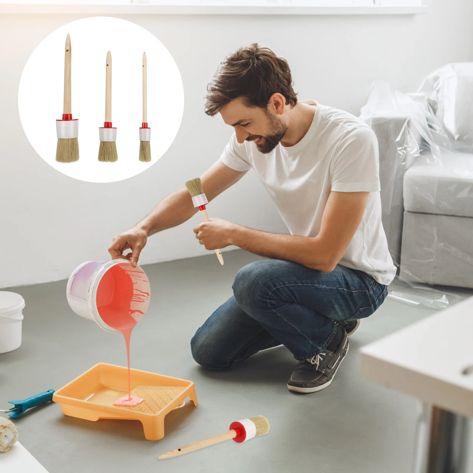 

3pcs Paint Set Pig Bristle Brush Round Head Wood Handle For Painting Stain Varnish Acrylic Oil Glue Home Tool Artist