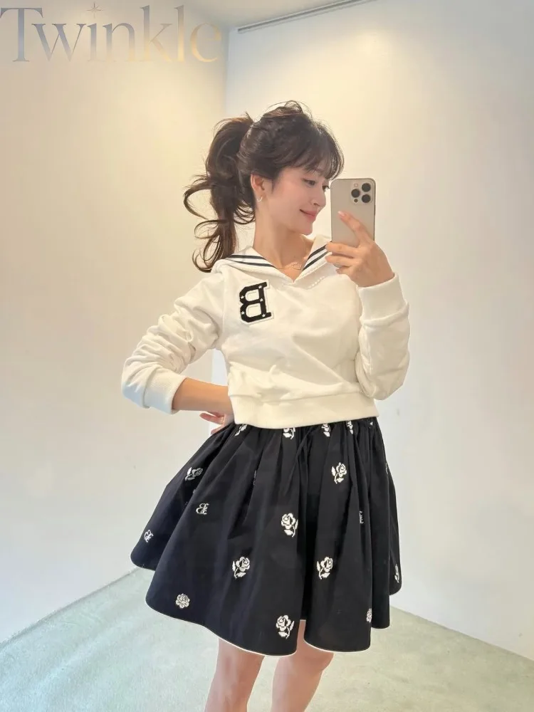 Japanese Style Embroidered Rose Skirt Women High Waist Elastic Puffy Short Skirt Vintage A Line Umbrella Skirt