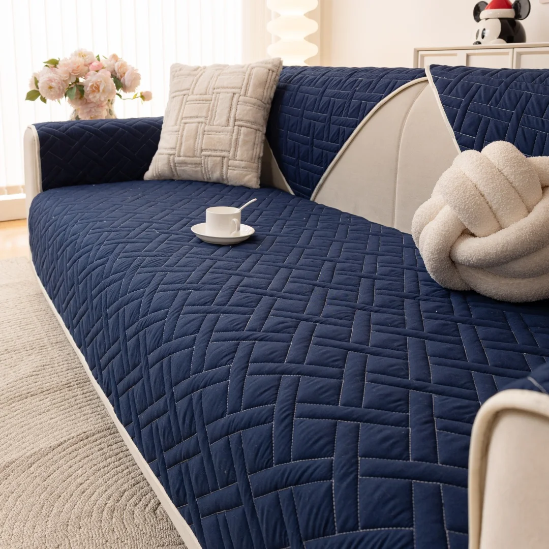 1pc Thicken Geometric Quilted Non-Slip Sofa Cover, Solid Color Sofa Towel All Seasons Universal Fit Couch Seat Pad Protector