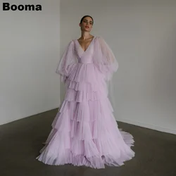 Booma-vestidos de novia de tul escalonados, color púrpura claro, cuello en V, mangas largas abullonadas, vestidos de fiesta para novias, vestido de novia largo hasta el suelo