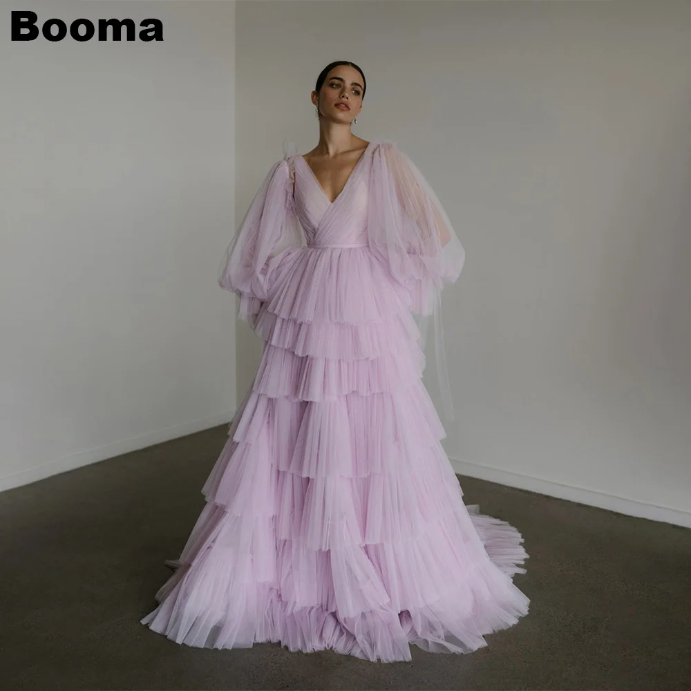 Booma Light Purple Tiered Tulle Wedding Dresses V Neck Long Puff Sleeves Brides Party Gowns for Women Floor Length Bridals Dress