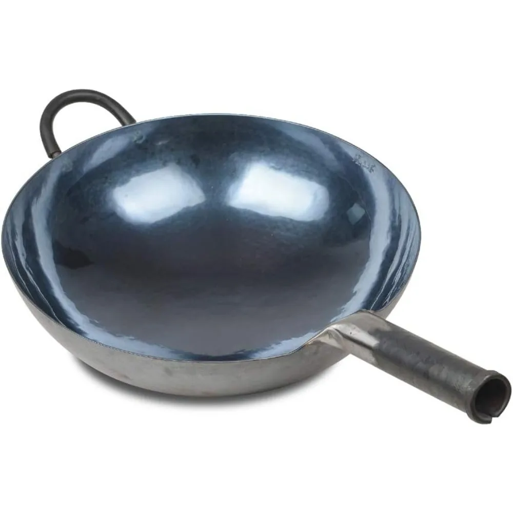 Woks en fer martelés à la main chinois, pow en acier au carbone, poêles à remuer, antiadhésifs, sans revêtement, 34cm, bleu, noir assaisonné