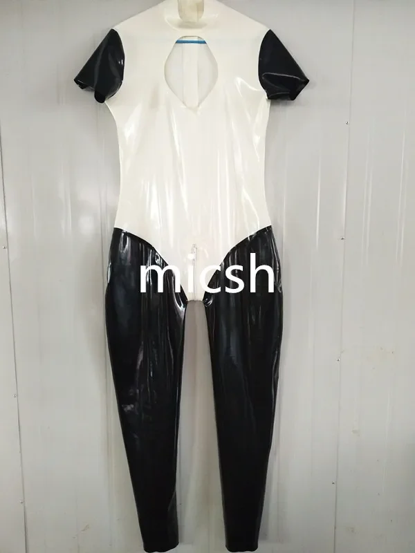 

Pure Rubber Latex Black and White Catsuit Short Slevees Bodysuit Sport Zentai Rear Zip S-XXL