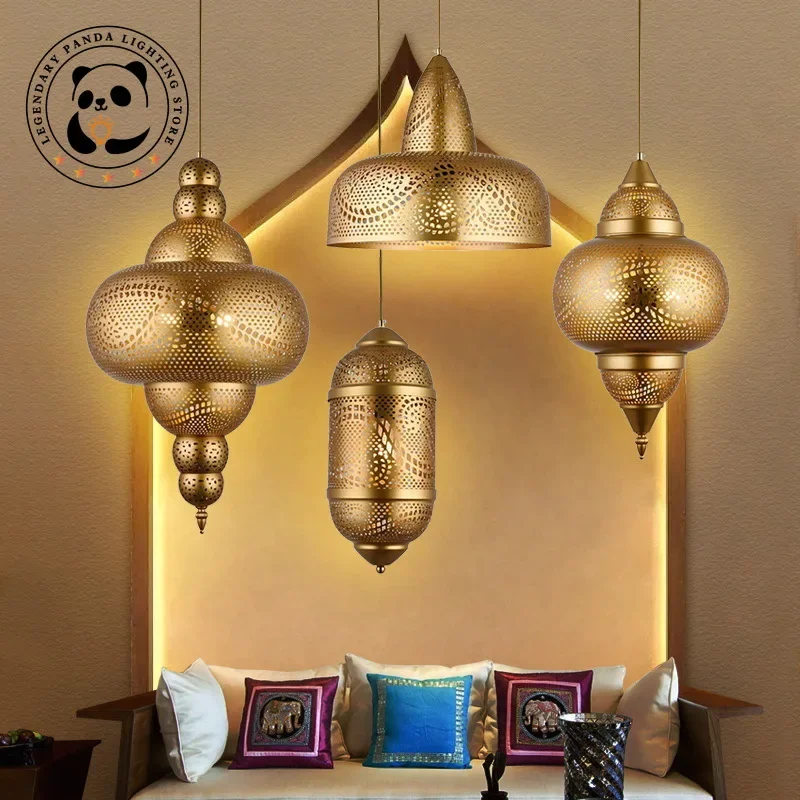

Saudi Arabia Designer Pendant Lights Luxury Gold Lustre Home Decor Luminaries Hollow Carving Hanging Lamps Restaurant Store Cafe