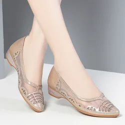 Breathable Rhinestone Cutout Mesh Shoes with Heels Summer 2024 Women's Round Head Soft Leather Sandals For Office Mom Wedding