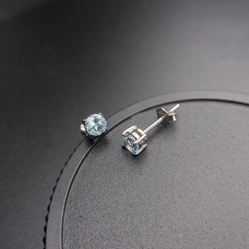 Simple Natural Aquamarine Stud Earrings 925 Sterling Silver Gemstone 4MM Fine Jewelry for Women Engagment Birthday Party Gift