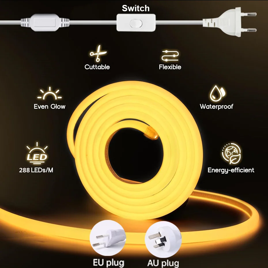 

Вилка переключателя ЕС AU 220 В COB Светодиодная неоновая лента 5 м 10 м 20 м 30 м 50 м Светодиодная неоновая лента 288 светодиодов/м Режущая светодиодная лента для дома и улицы