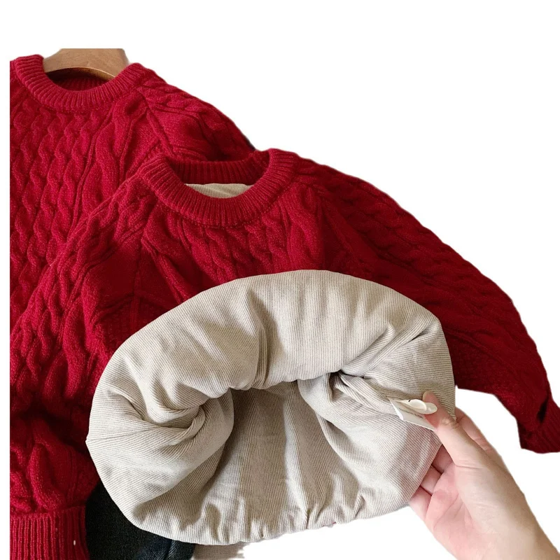 01-Children's pull hiver garçons et filles rétro câble tricot pull bébé nouvel an élégant tricoté pull épais à la mode