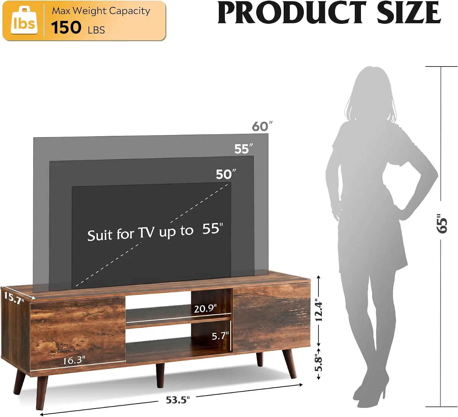 Mid-Century Modern TV Stand for 55-60 Inch TVs, Entertainment Center with 2 Cabinets, Adjustable Shelf & Soft-Close Hinges, Media Console Table view 3