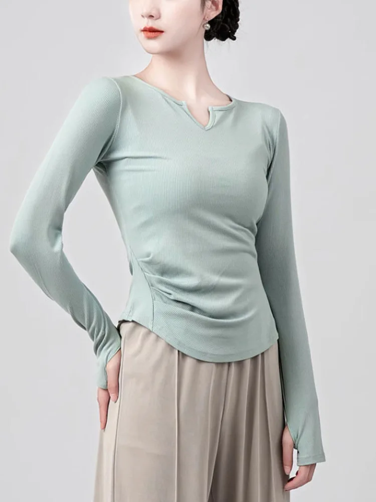 الصلبة اللون الخامس الرقبة طويلة الأكمام سليم صالح الأعلى Ruched غير النظامية هيم أداء الرقص الحديث ارتداء مرحلة الباليه ممارسة قميص