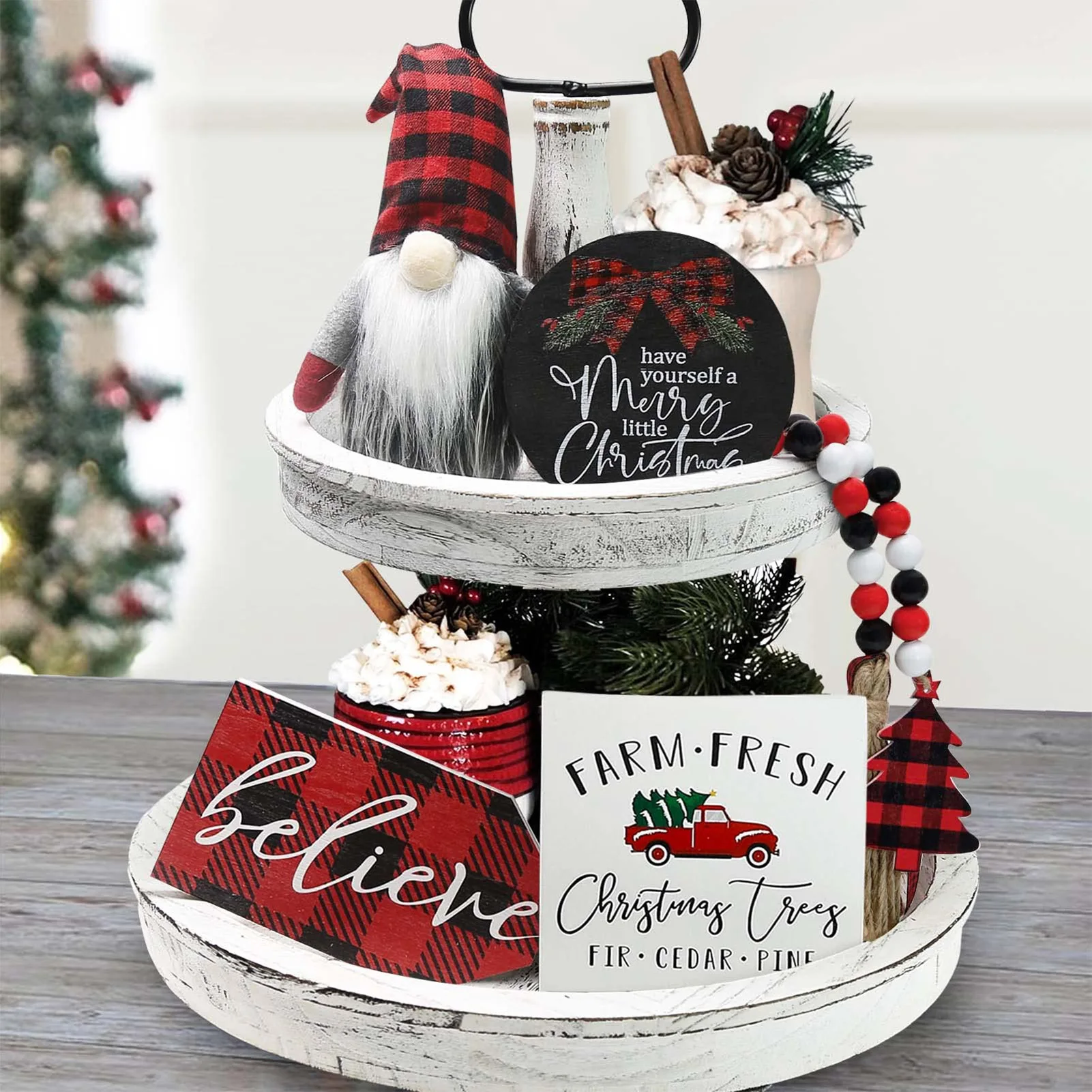 Farmhouse Rustic Tiered Tray Plaid Gnomes Plush Set Art Galleries Country Decor Suitable for Home Room Tabletop