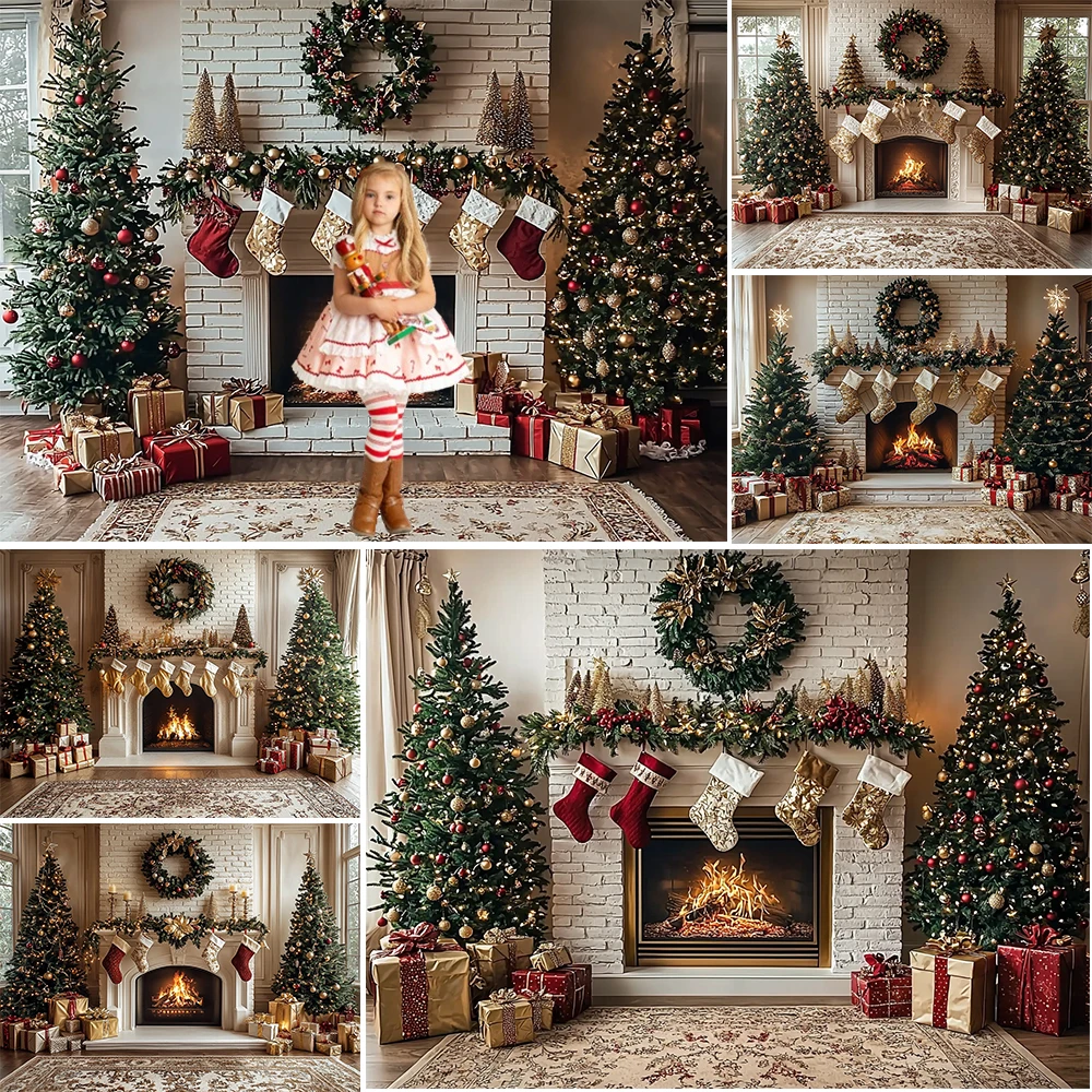 Christmas Photography Background Xmas Socks Wreath Fireplace Holiday Decoration Children Photo Party Backdrops Studio Props