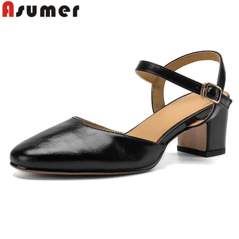 

ASUMER Plus Size 34-42 New Genuine Leather Sandals Women Shoes High Heels Summer Sandals Buckle Strap Office Dress Shoes
