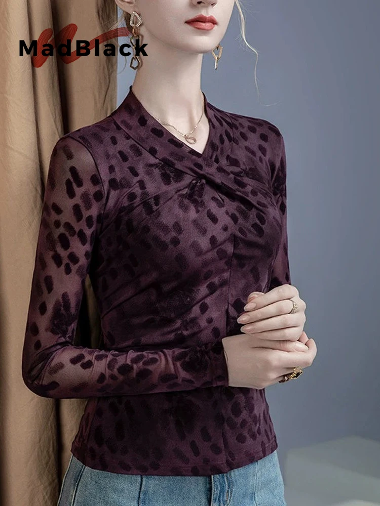 MadBlack-Women European Flocking T-Shirt, Sexy V Neck Print Folds, Vintage Long Sleeve Slim Mesh S-3XL Tee, 2026 Autumn T6O514CC