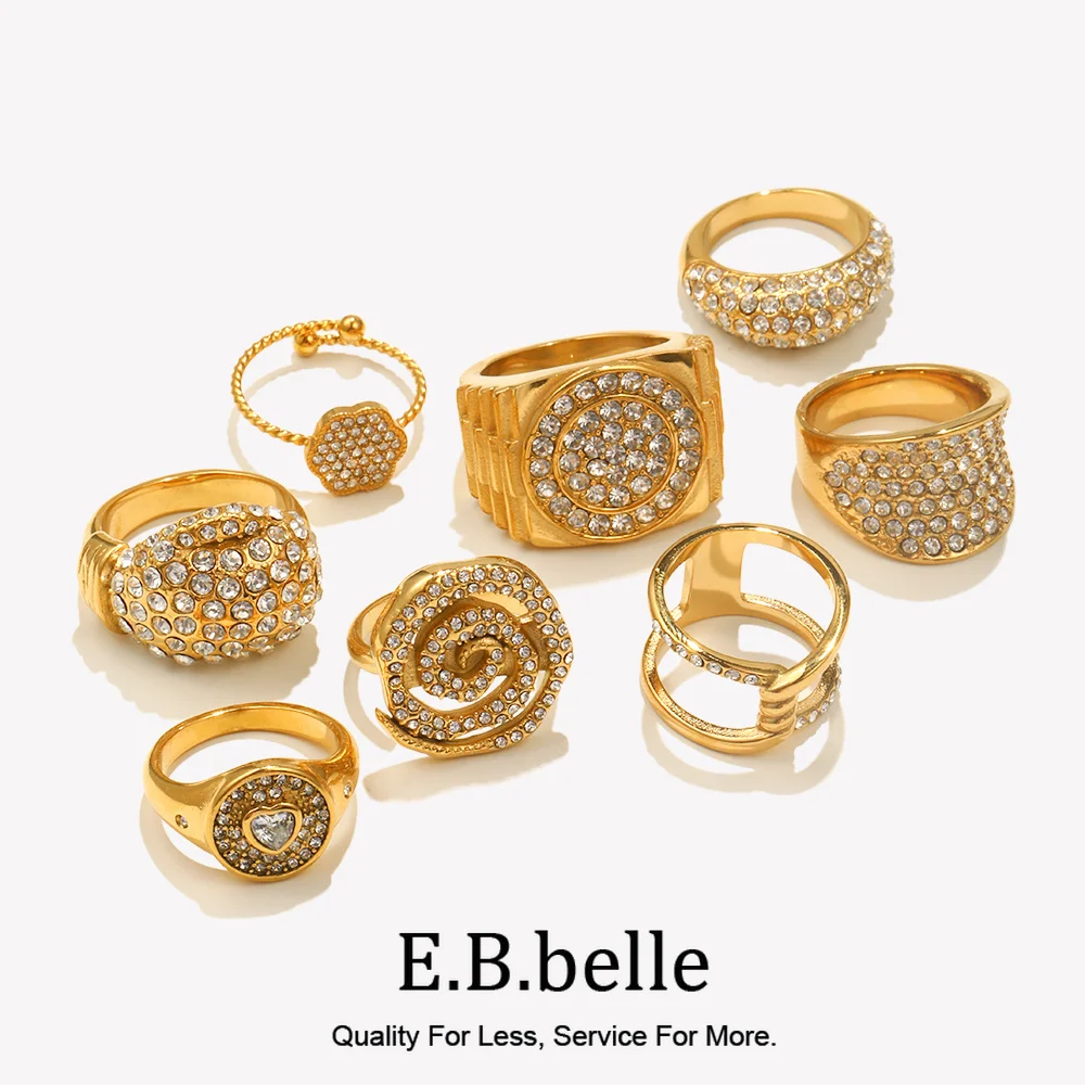 E.B.belle  Luxury Full Rhinestone Heart Wide Facted Rings 18K Gold Plated Stainless Steel Women Men Exaggerated Charm