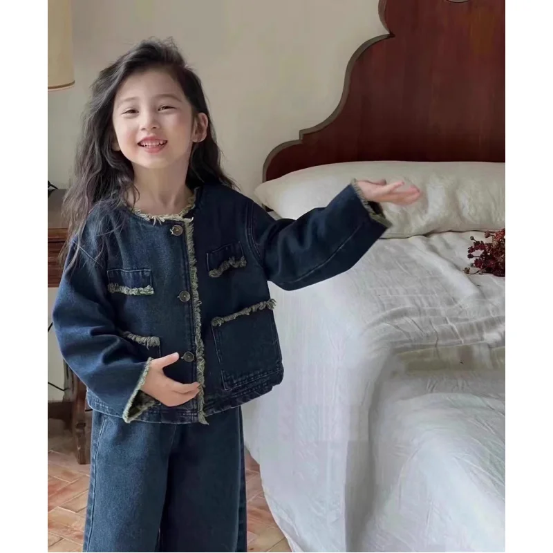 Kxkm-Girls' Denim Suit Autumn and Winter Washed Denim Long-Sleeved Tops+Wide Leg Jeans2Girl's Coat Set