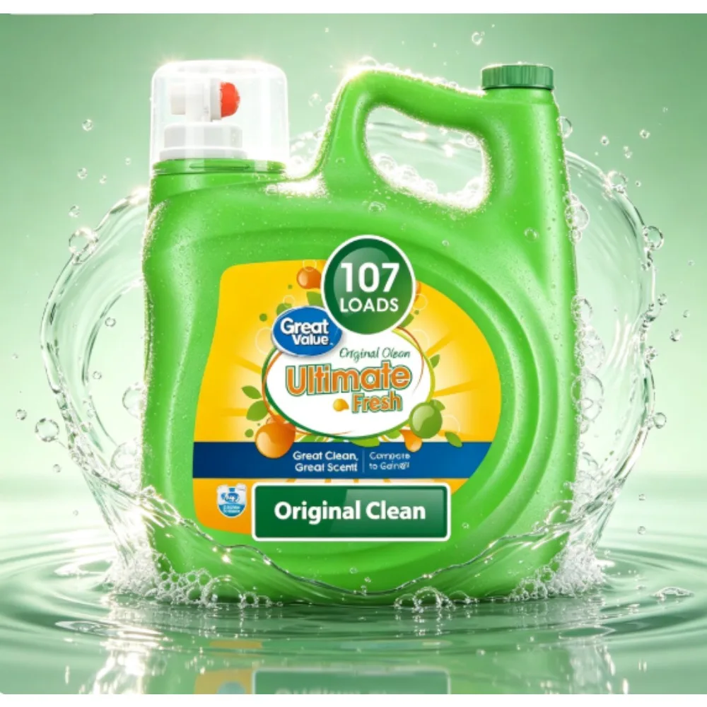 Great Value Ultimate Fresh Laundry Detergent, cleans original scent, 154 fl oz, 107 washes.