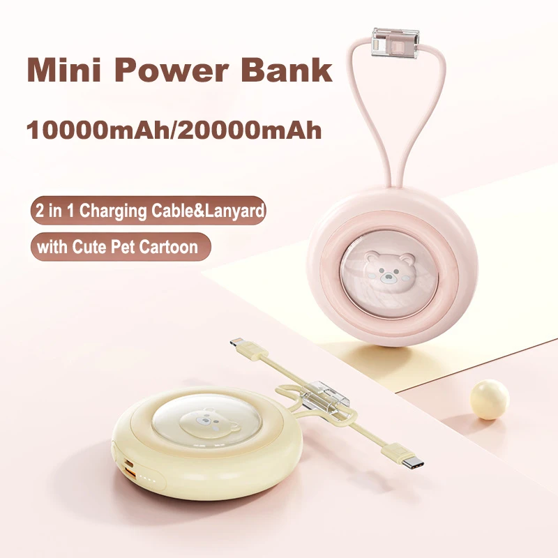 

20000mAh Mini Power Bank Built in Cable Cute Pet Cartoon Fast Charge Powerbank Portable Charger External Battery Pack Power Bank