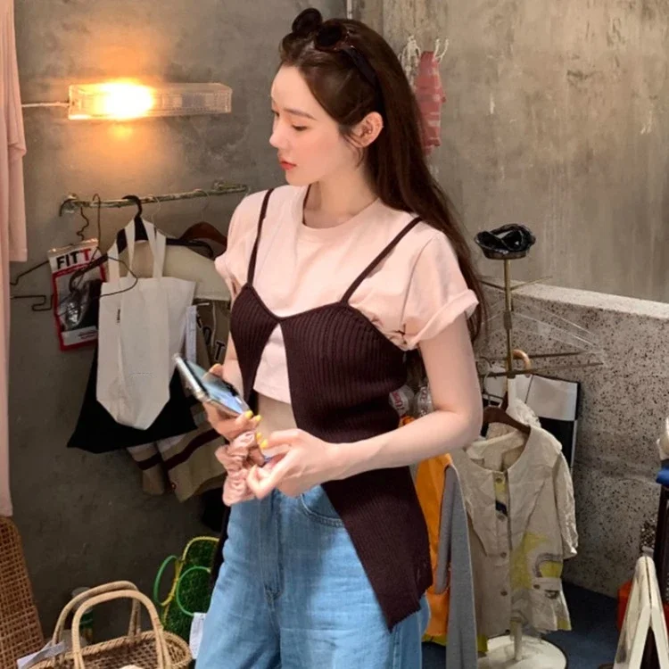 Summer Elegant Chic Two Pieces Set Fashion Korean Solid Y2k Grunge Crop Top+Japanese Vintage Knitted Split Women Sweater Tanks