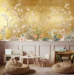customized New Chinese style meticulous hand-painted flowers birds trees flowers customized 3D mural wallpaper canvas self-adhes