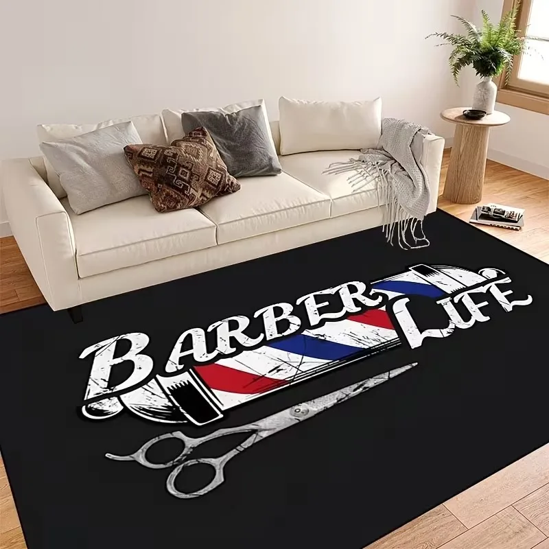 Professional Barber Scissors Rectangular Area Rug, Vintage Hair Stylist Floor Mat, Non-Slip Washable Carpet for Barber Shop