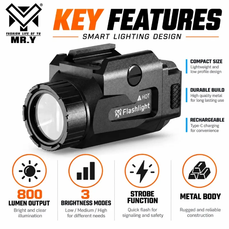 800LM Metal Flashlight Accessory with 3 Level Dimming Strobe Mode and Complete Accessory Kit