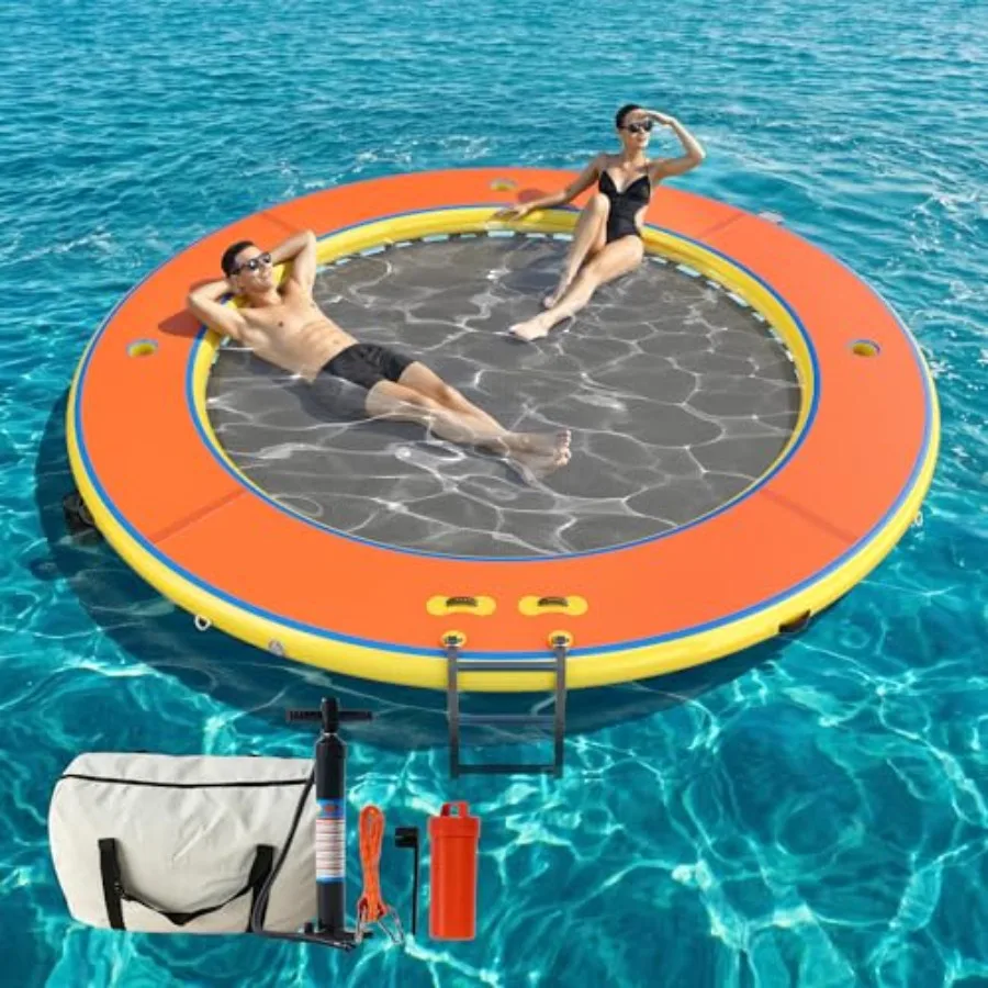 Lake raft for 410 people: heavy duty PVC inflatable water hammock float with soft ladder, cup holders, and mat centerround or h