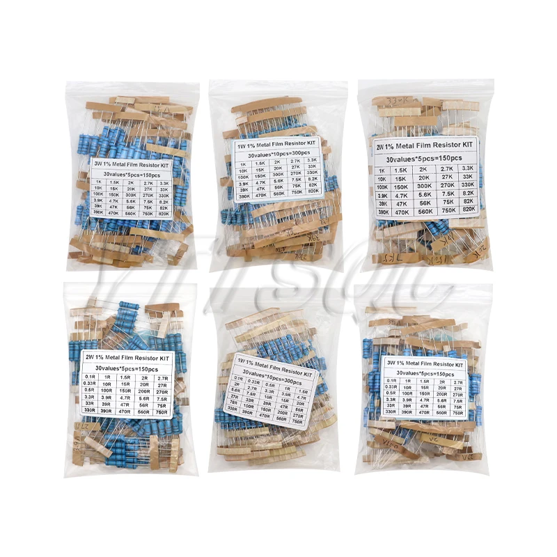 150PCS 300PCS 1/2W 1W 2W 3W Resistance 1% Metal Film Resistor Assortment Kit Set 30values 1R~750R 1K~820K Ohm