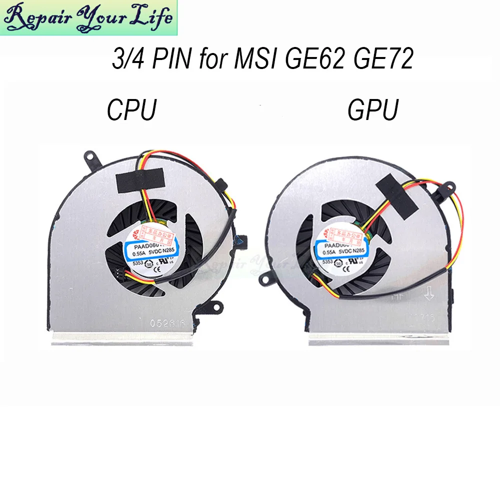 3pin 4 pin fan Computer Radiator Cooling Fans For MSI GE62 GL62 GE72 GL72 GP62 GP72 PAAD06015SL laptop CPU GPU graphics card fan