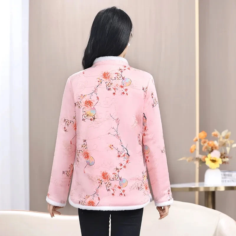 New Chinese Style Winter Plush Jacket Women Retro Ethnic Large Size Printed Plate Stand Collar Fleece Cotton Coat Outwear 5XL