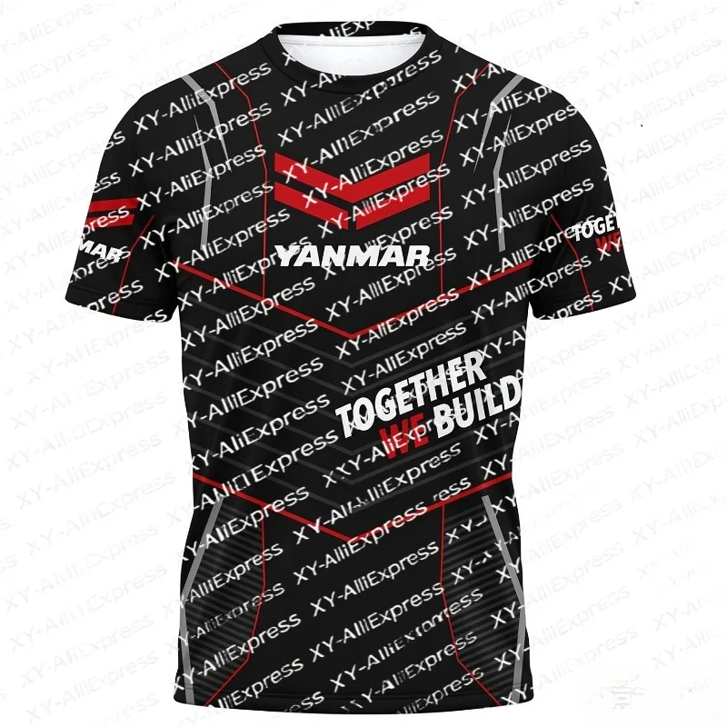 Construction Short Sleeve Tee, Quick Dry & Breathable. Red Geometric Line Print, Dynamic Style for Engineering Team Daily Work