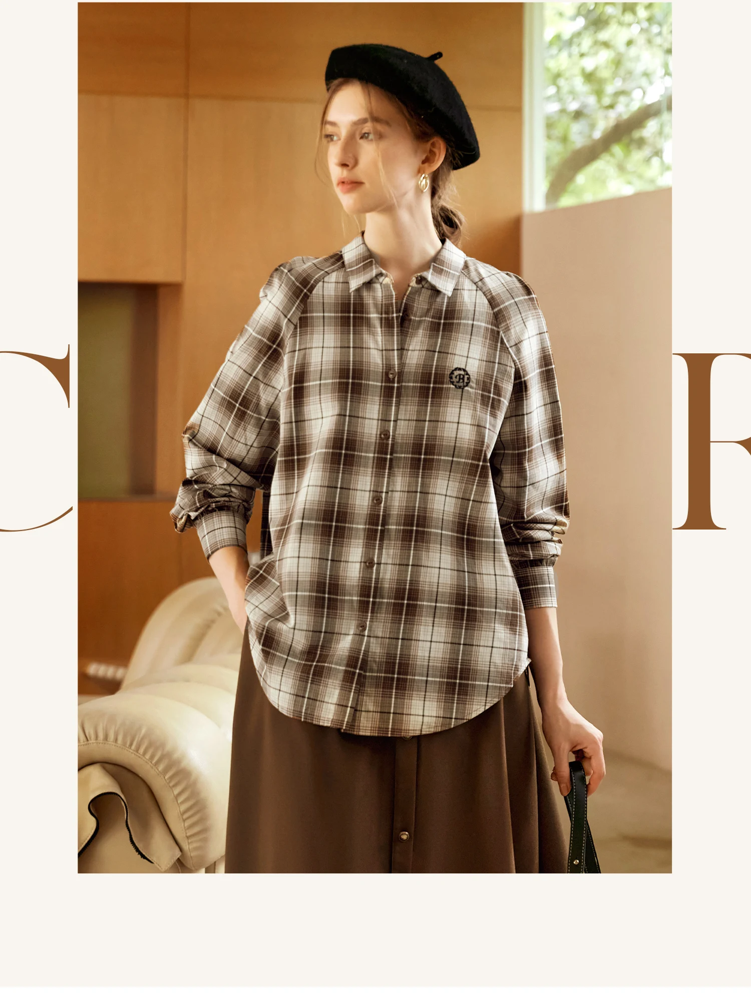 OLrain-camisas holgadas a cuadros para mujer, blusa clásica Retro elegante para ir al trabajo, Tops bordados de manga larga para mujer M56QC93186