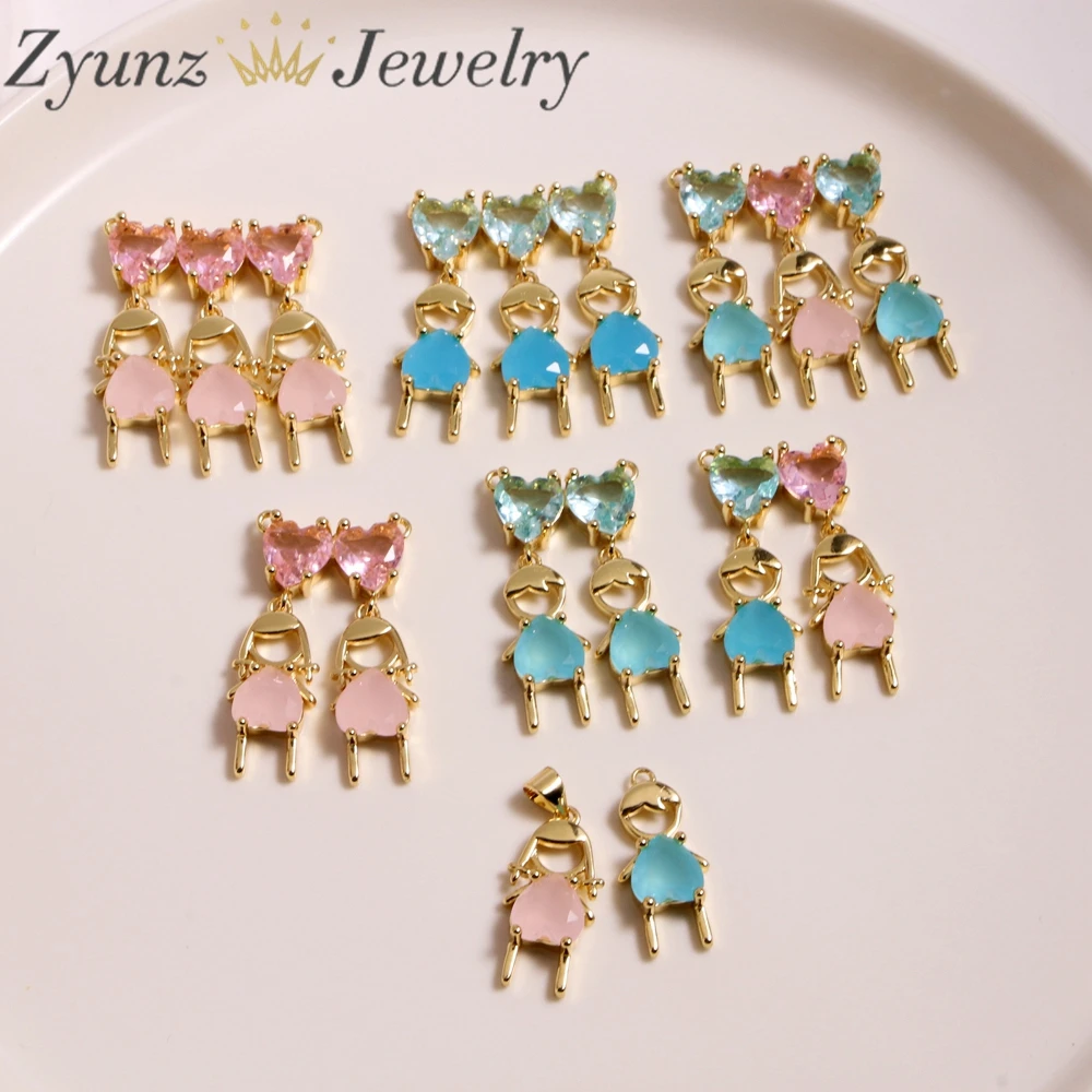 10PCS, Zircon charms pendant Cute boys and girls copper gold plated lovely couples pendant DIY bracelet necklace accessories