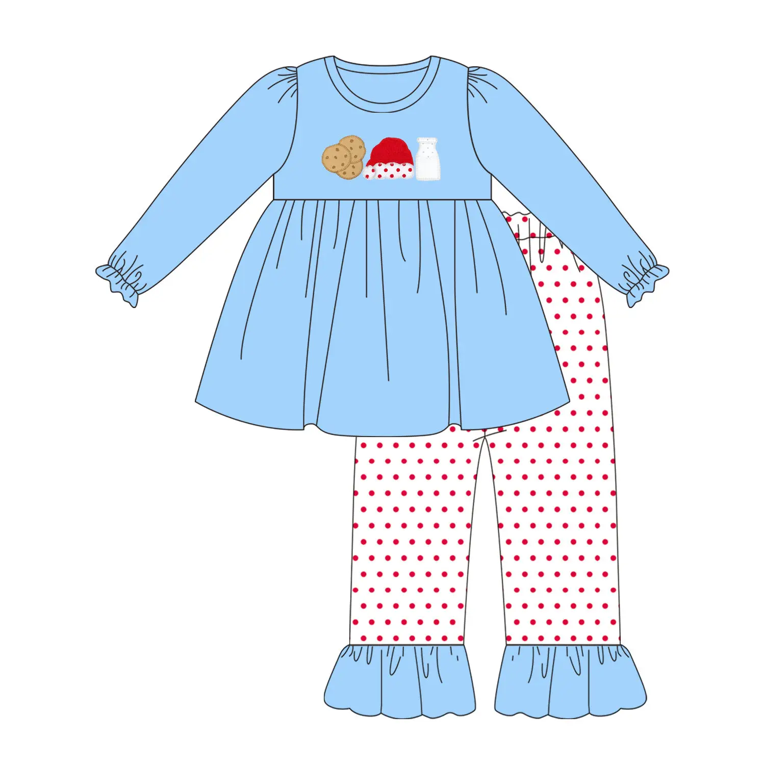 

Новый рождественский синий комплект из длинных рукавов с принтом печенья и молока для мальчиков и девочек, длинные штаны с длинными рукавами, эксклюзивный комплект, платье и комбинезон