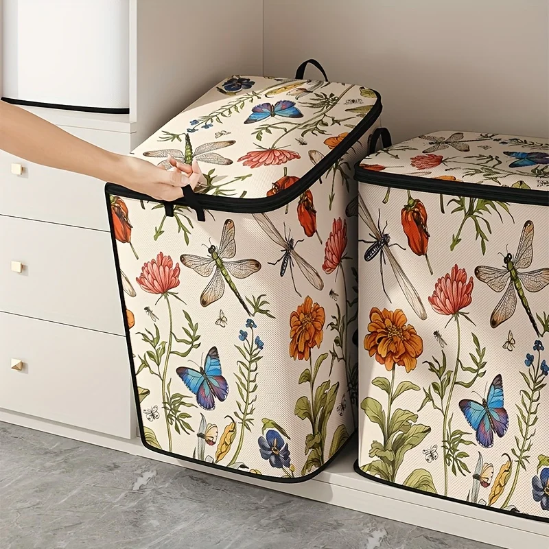 1pc Large Capacity Star-Patterned Storage Box with a Dragonfly And Butterfly Floral Print, Foldable Storage Bag