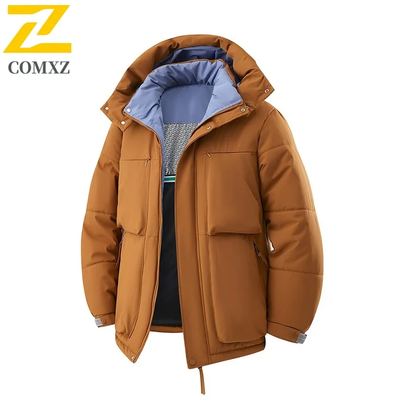 

COMXZ Мужское пальто-паркер теплое однотонное пальто для среднего возраста с несколькими карманами для катания на лыжах и уличной стеганой куртке для кемпинга, зимняя куртка высокого качества