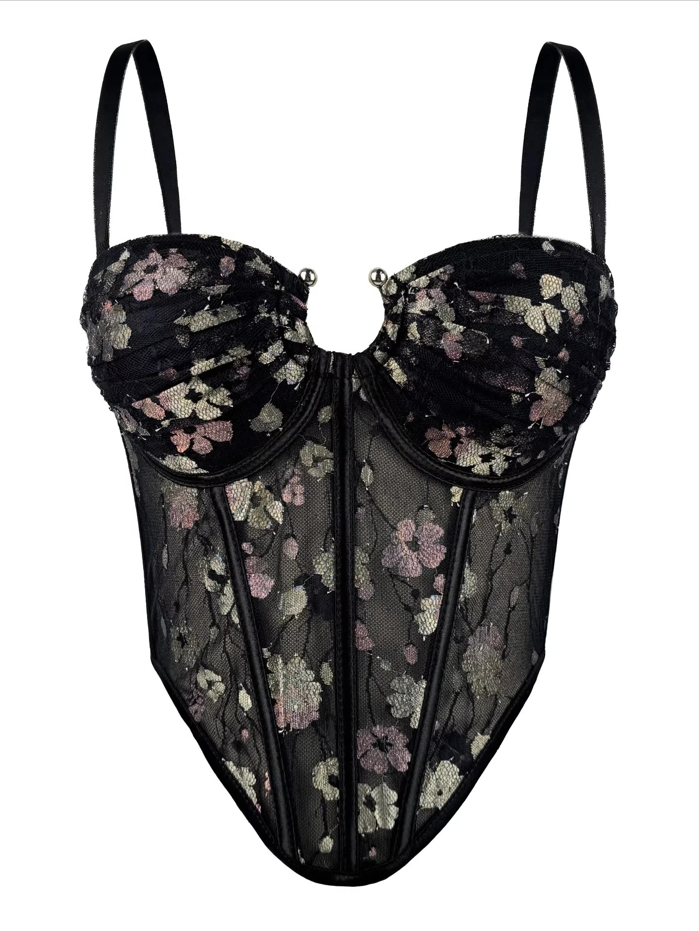 

Женский летний утягивающий топ-корсет Foamlina из прозрачной сетки с цветочным принтом, металлическими элементами и встроенными чашечками