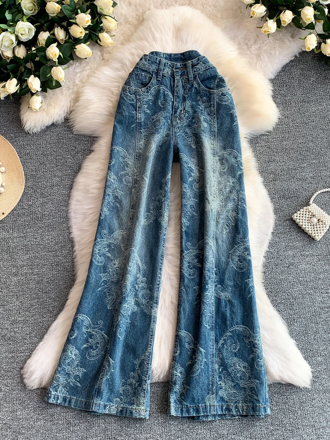 

Retro American Blue Denim Print Wide Leg Pants Women's Casual Small Size High Waist Slimming Hoof Flared Pants