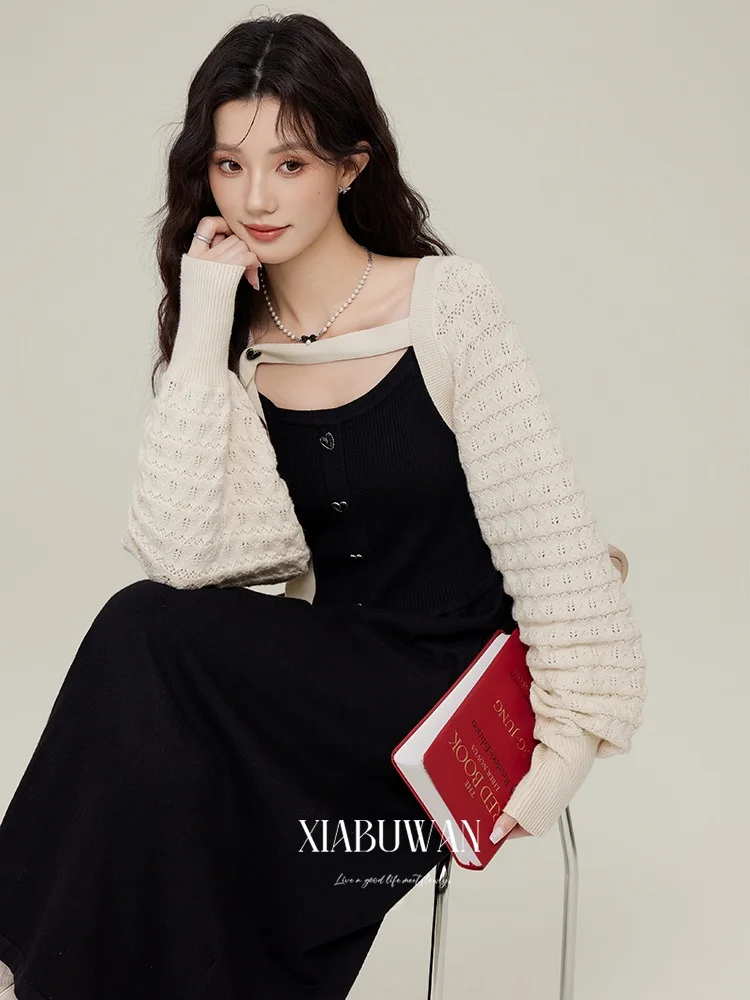 Lazy Style Knitted Sweater Set Women Early Autumn New Vintage Strap Dress Two Pieces Set Long Sleeve round Neck Overhead Fashion