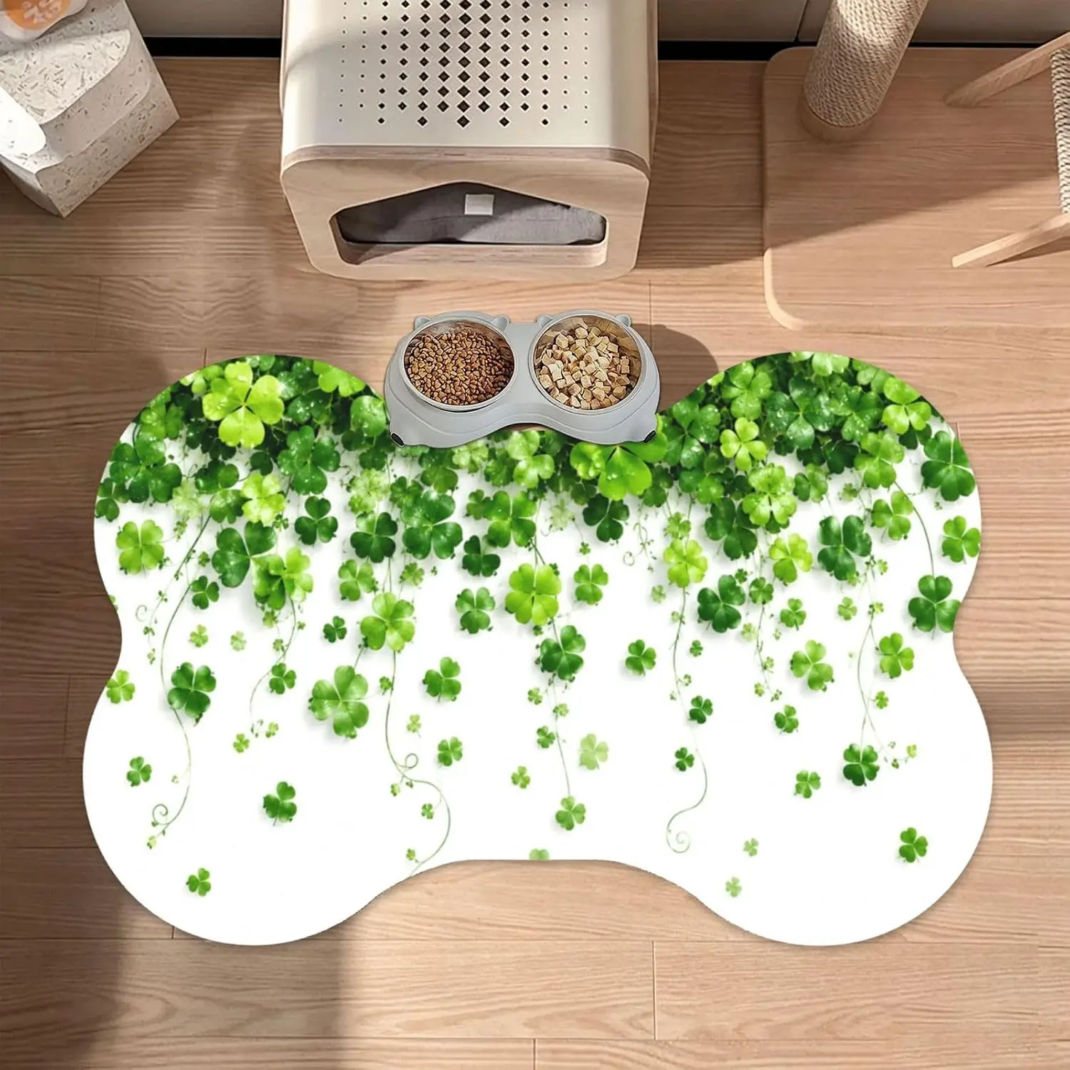 Green Clover Leaves Bone Shaped Pet Feeding Mat 16