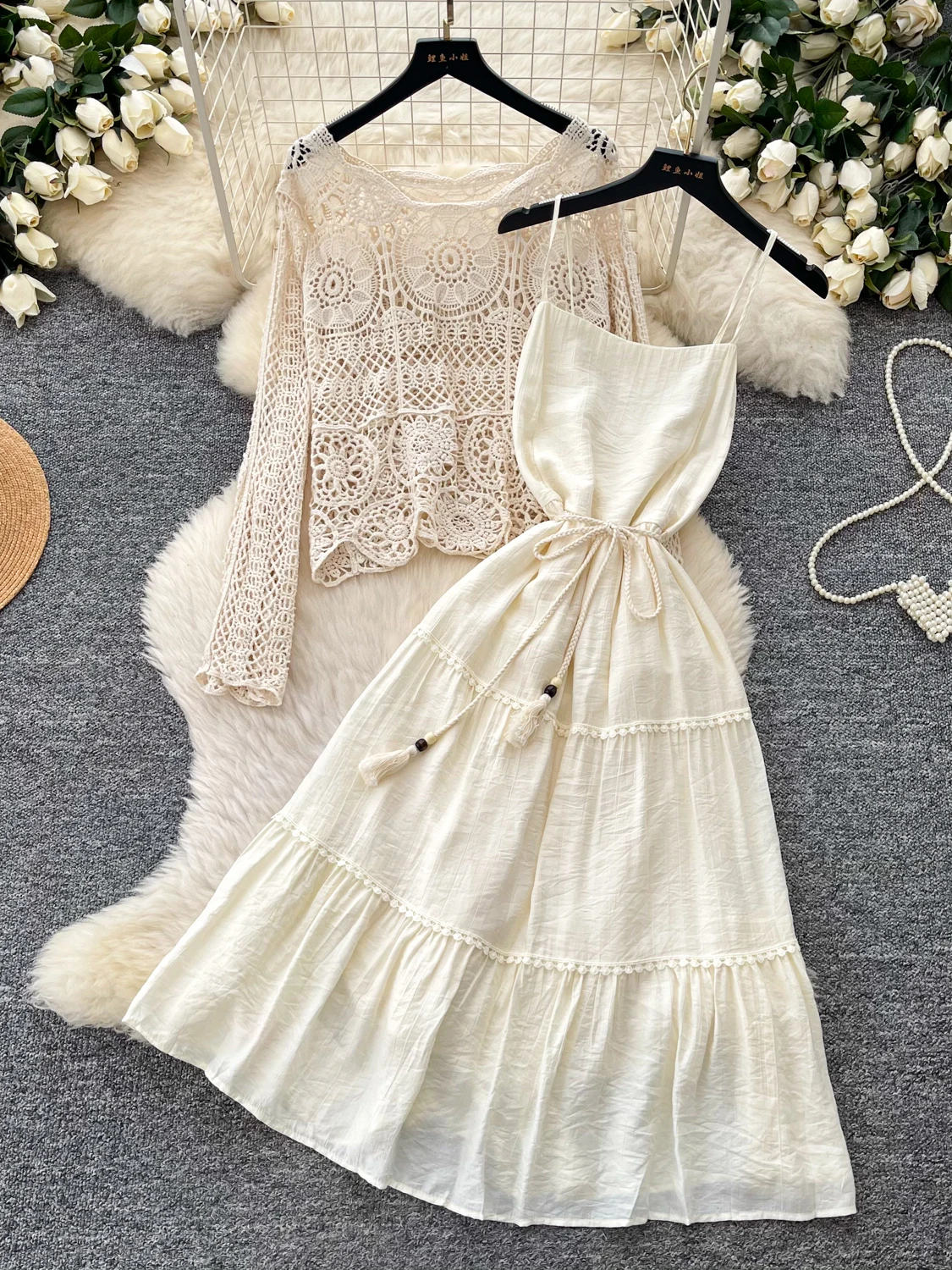 

Lace Trimmed Bell Sleeve Set Women's Spring Summer Fashion High Waist A-Line Skirt And Crop Top Two-Piece Ensemble