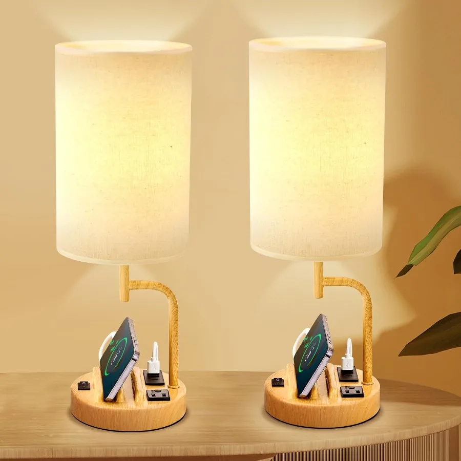 Table Lamp with 3 USB Charging Ports Modern Desk Lamp with AC Outlet and Phone Stands Perfect Bedside Lamp for Bedroom Living R