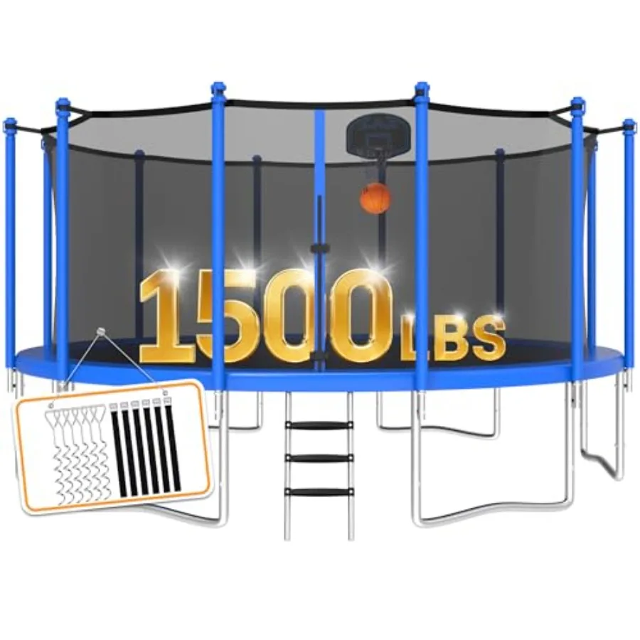 

Усиленный батут 1500 фунтов (6,8-9,6 м) для взрослых с защитной сеткой, баскетбольным кольцом, ветровыми стойками, лестницей, для активного отдыха на улице