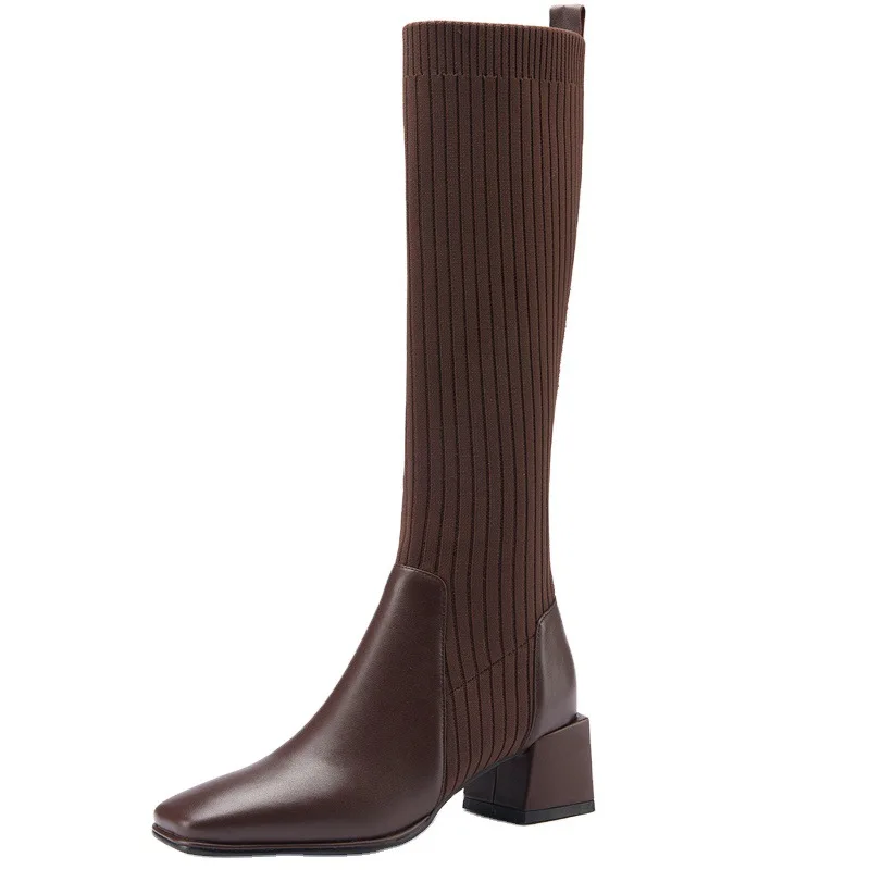 Femmes tricoté bottes longues automne hiver nouveau genou chaussettes hautes chaussures femme mode sans lacet talons hauts rétro élastique Botas Mujer