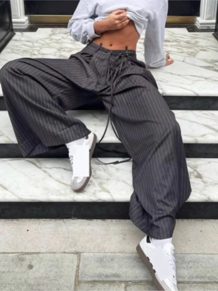 Street Striped Trousers Loose Drapey Spring Casual Pocket Suit Pants Lace-up High-waisted Trousers For Women Pantalones De Mujer