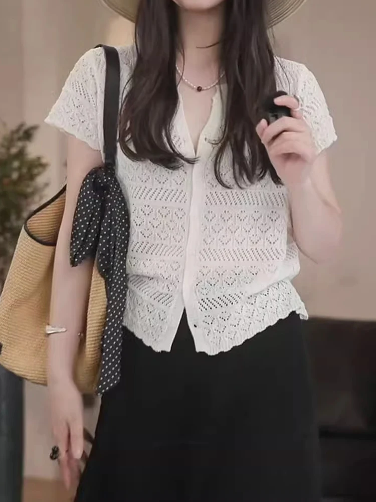 

Lace Hollow out Casual Knitted Ice Silk ort Sve Single Button Summer 2025 Simple Open Cardigan Women's Faion Sun Prote...